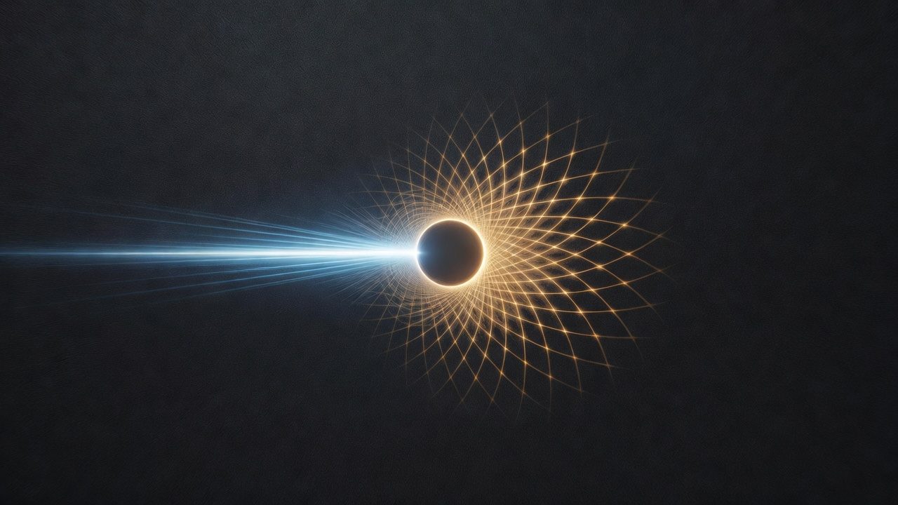 Abstract dark field with a cyan flare path and amber sunburst lattice, AI-generated