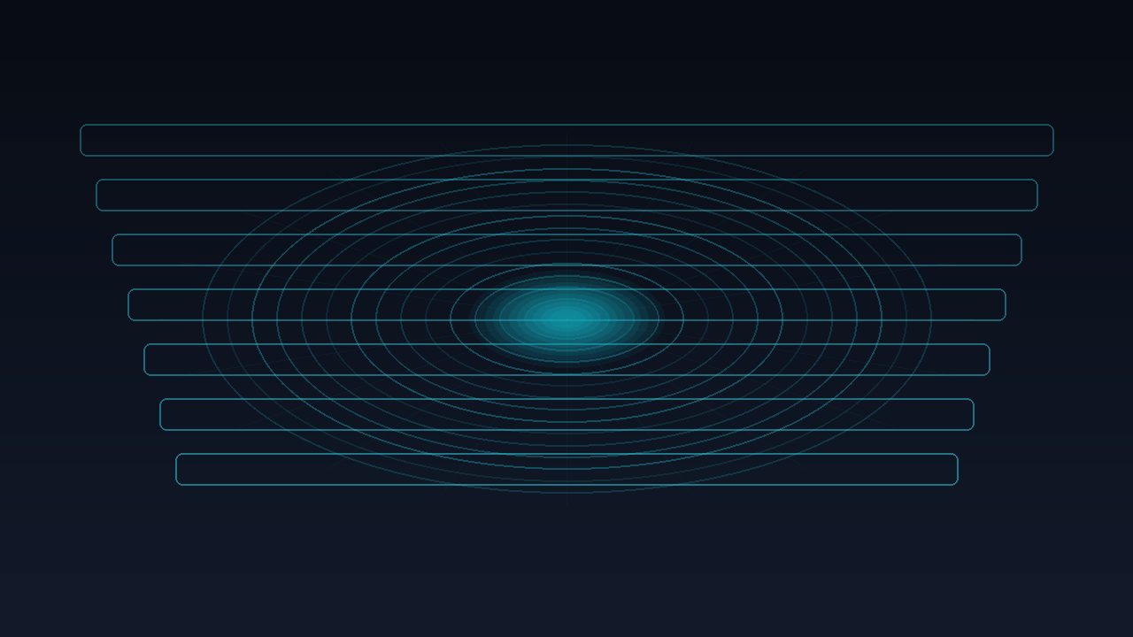 Abstract cyan rings and stacked planes on a dark field, AI-generated