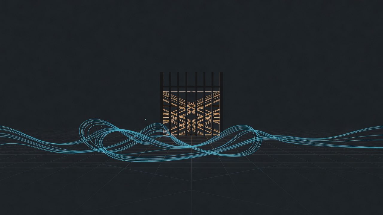 Abstract dark field with cyan agentic loops and an amber gated lattice, AI-generated