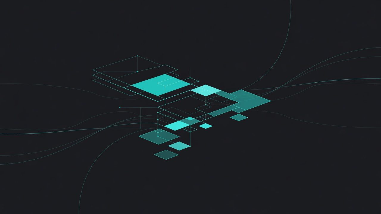Abstract dark field with cyan nested scale planes and faint routing arcs, AI-generated