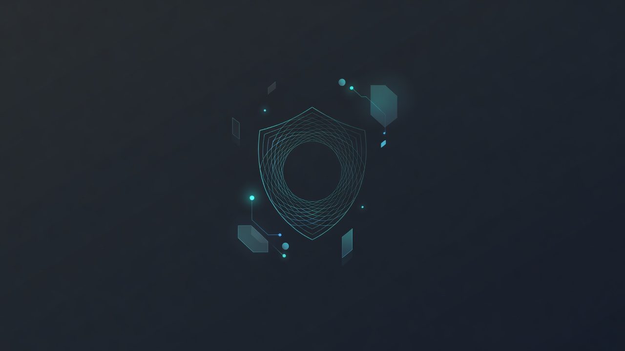 Abstract cyan shield geometry on charcoal, safety classifier concept
