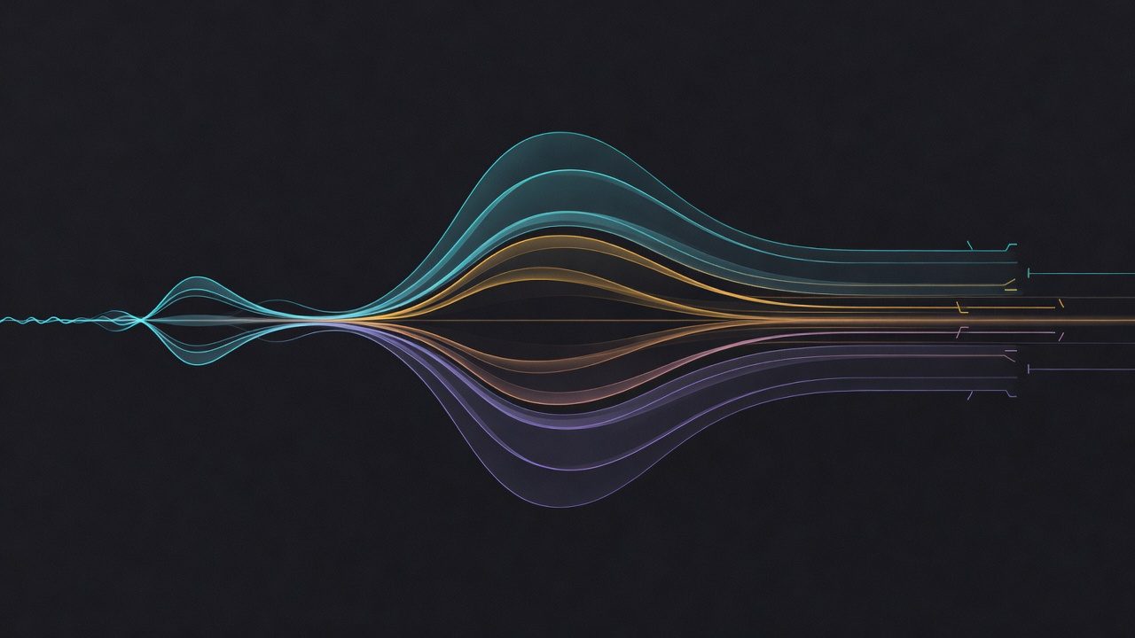 Abstract dark field with cyan audio waveforms splitting into stacked speaker ribbons, AI-generated