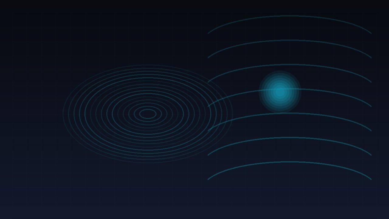 Abstract dark field with cyan loop paths and nested session rings, AI-generated
