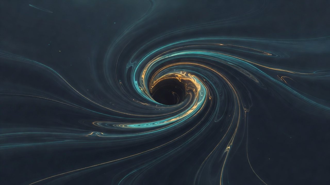 Abstract teal and amber vortex spiraling over a dark navy field