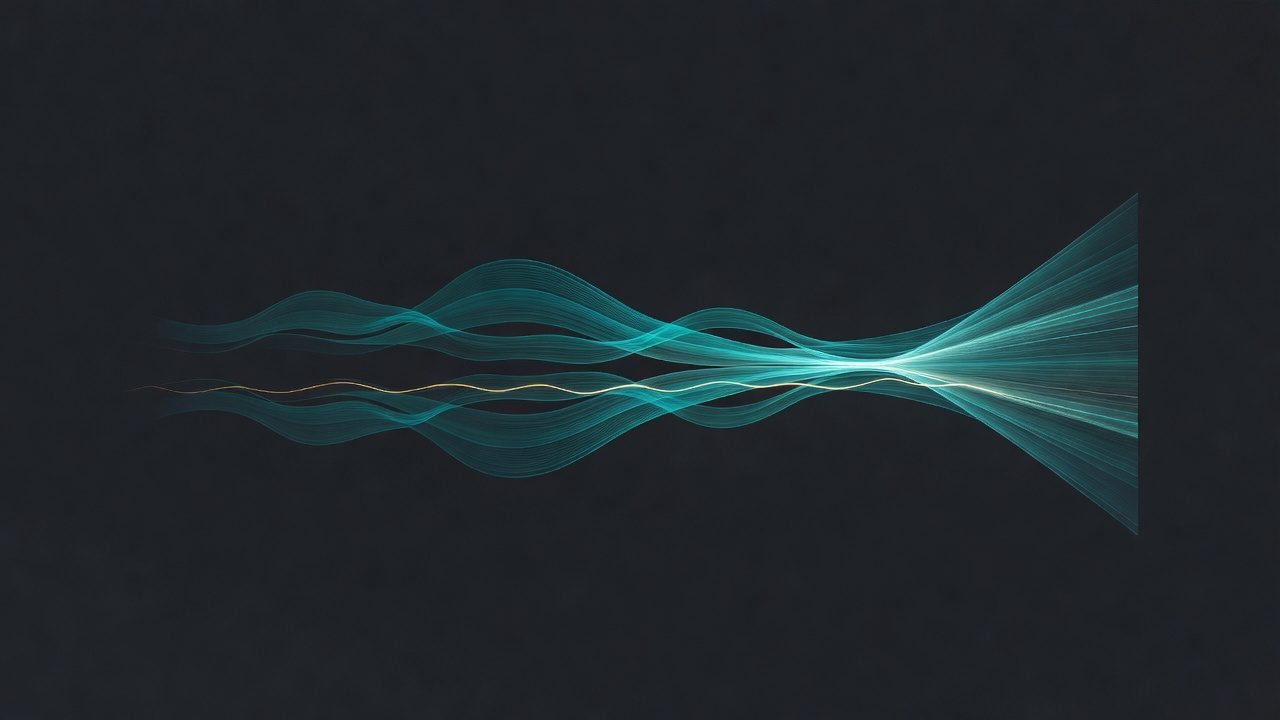 Abstract dark field with stacked cyan time-series ribbons and an amber forecast fan, AI-generated