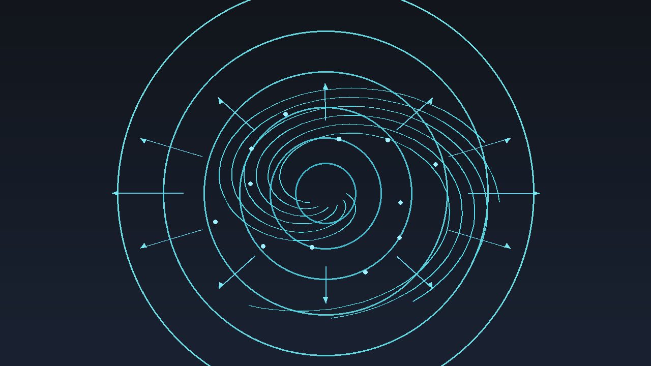 Abstract cyan cyclone rings and trajectory vectors on charcoal