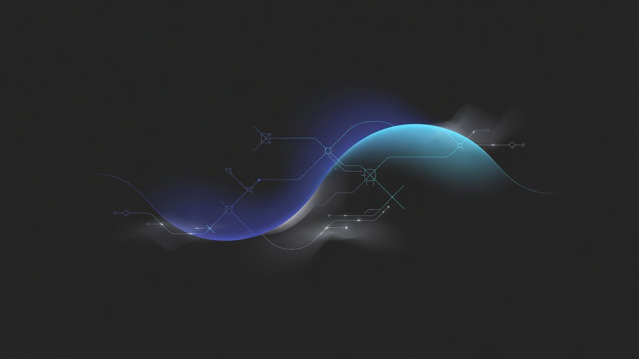 Abstract indigo agent-loop arcs and sparse node lattice on charcoal